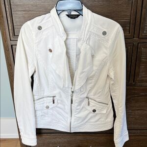 White House Black Market White Utility Jacket with Ruffle